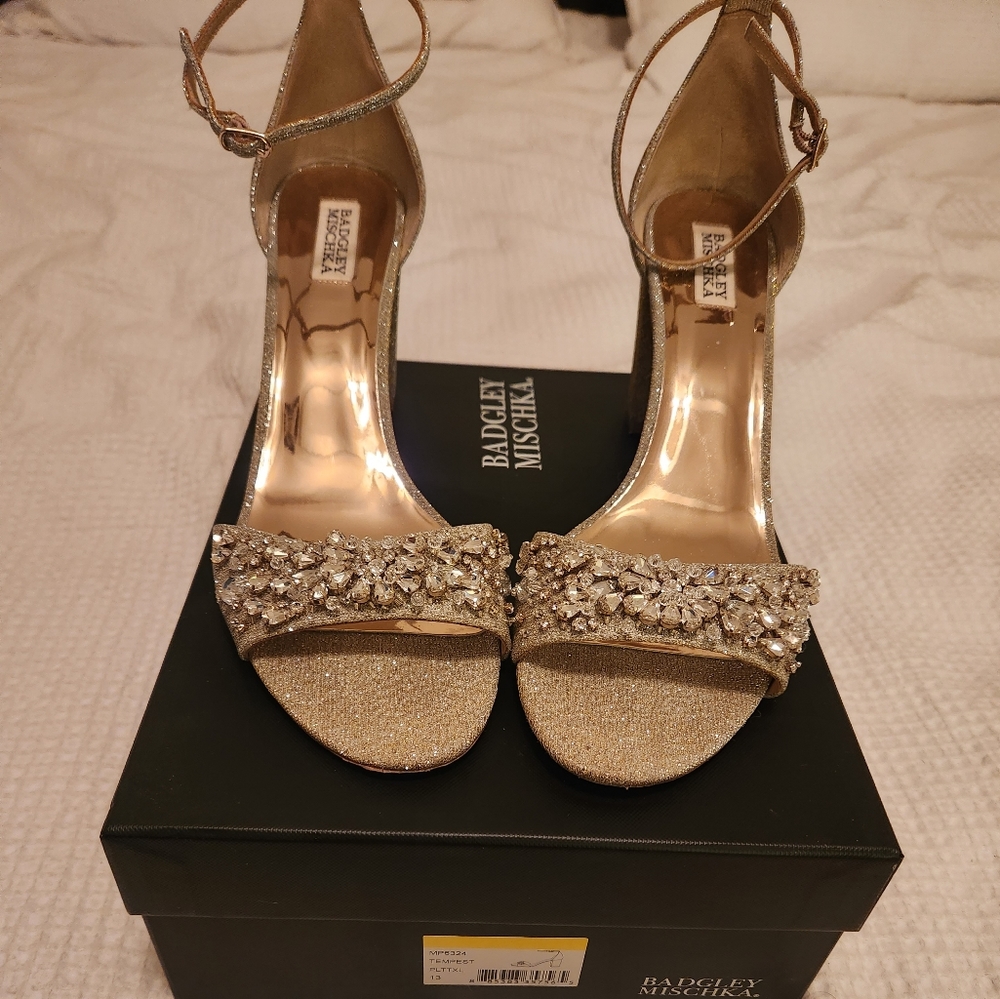 Badgley Mischka Tempest Embellished Block Heel Sandal in Platino
